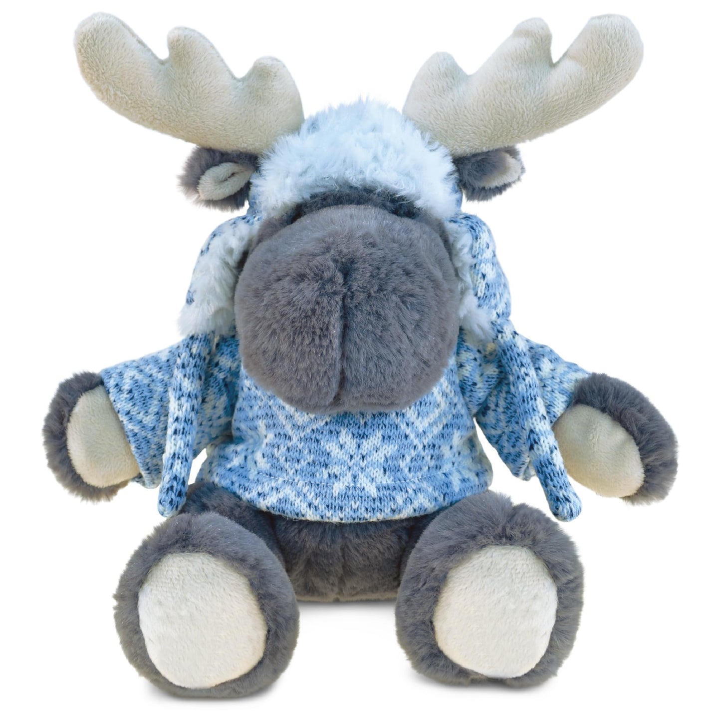 DolliBu Plush Moose Stuffed Animal - Soft Plush Huggable Gray Moose with Sweater & Hat, Adorable Plush Toy, Cute Wild Life Cuddle Gift for Kids