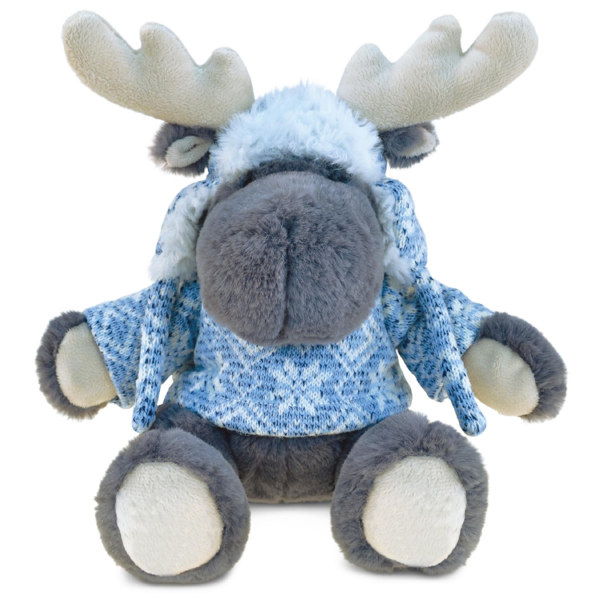 DolliBu Plush Moose Stuffed Animal - Soft Plush Huggable Gray Moose with Sweater & Hat, Adorable Plush Toy, Cute Wild Life Cuddle Gift for Kids