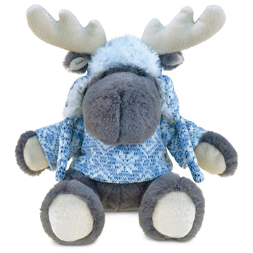 DolliBu Plush Moose Stuffed Animal - Soft Plush Huggable Gray Moose with Sweater & Hat, Adorable Plush Toy, Cute Wild Life Cuddle Gift for Kids