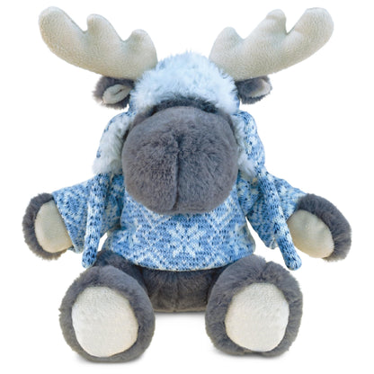 DolliBu Plush Moose Stuffed Animal - Soft Plush Huggable Gray Moose with Sweater & Hat, Adorable Plush Toy, Cute Wild Life Cuddle Gift for Kids