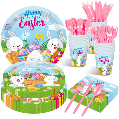 Jremreo 175 Pcs Easter Day Tableware Set - Serves 25, Happy Easter Bunny and Egg Disposable Plates, Cups, Napkins, Forks, Spoons, Knives for Spring