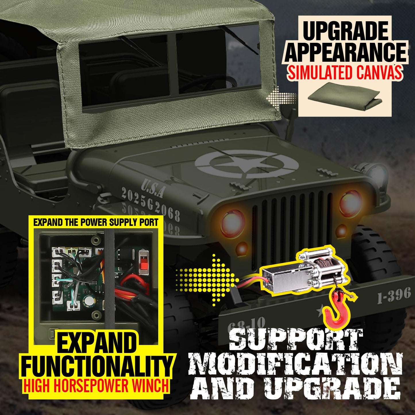 toylefun 1/10 Scale RC Military SUV, Remote Control 4WD Off-Road Vehicle with Alloy Frame Chassis, with Winch and Capstan, Army Vehicle with Opening