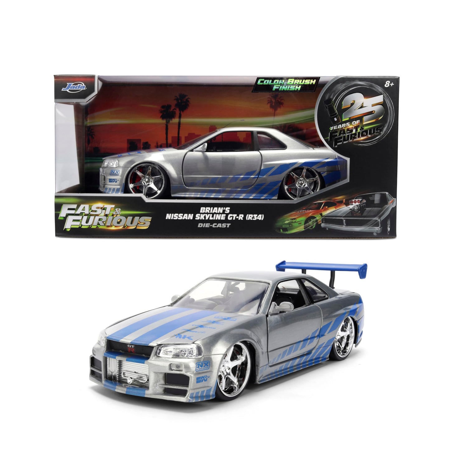 Jada Toys Fast & Furious 1:24 Scale Anniversary Edition 2002 Nissan Skyline GT-R (BNR34) Die-Cast Car with Brush Metal Finish - Collector Hobby