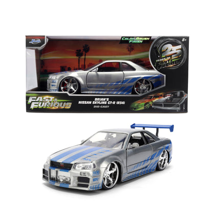 Jada Toys Fast & Furious 1:24 Scale Anniversary Edition 2002 Nissan Skyline GT-R (BNR34) Die-Cast Car with Brush Metal Finish - Collector Hobby