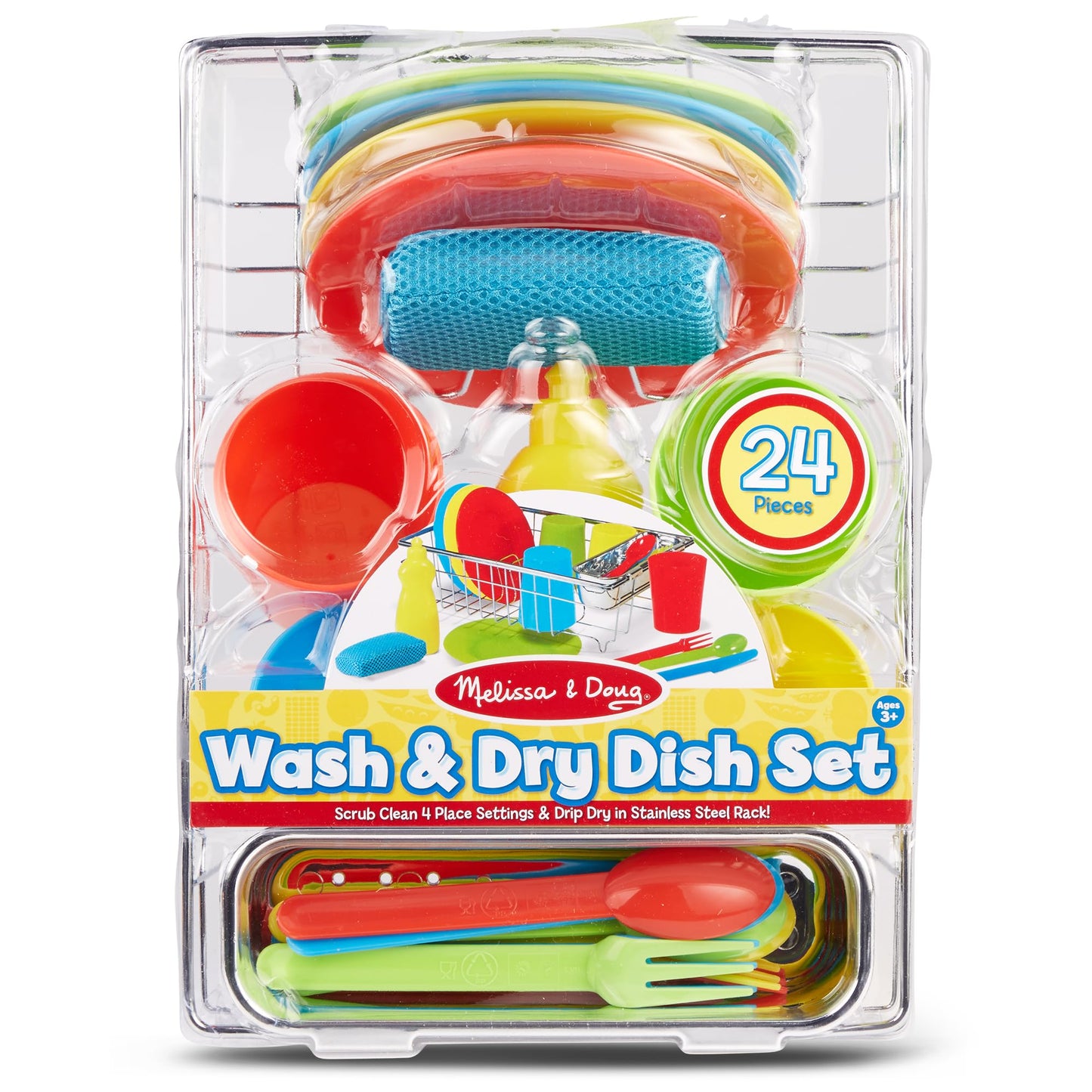 Melissa & Doug Wash and Dry Dish Set - 24 Pieces Kids Play Dishes, Play Kitchen Accessories, Toy Dishes for Kids Kitchen Ages 3+