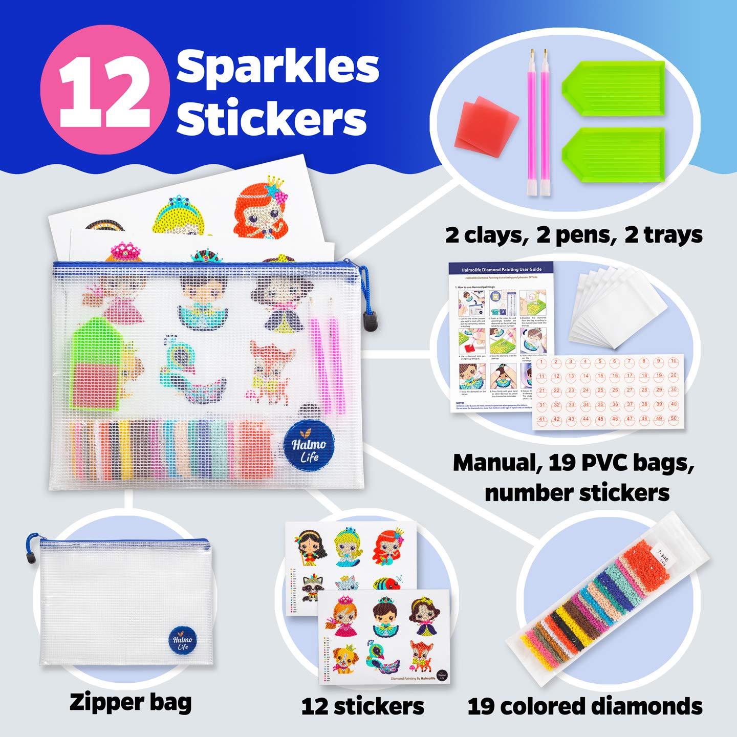 Halmolife Diamond Art Kits for Kids Boys and Girls Ages 6-8-10-12 Easy to DIY Creative Diamond Art Sticker Craft by Numbers Kits for Kids and Adult