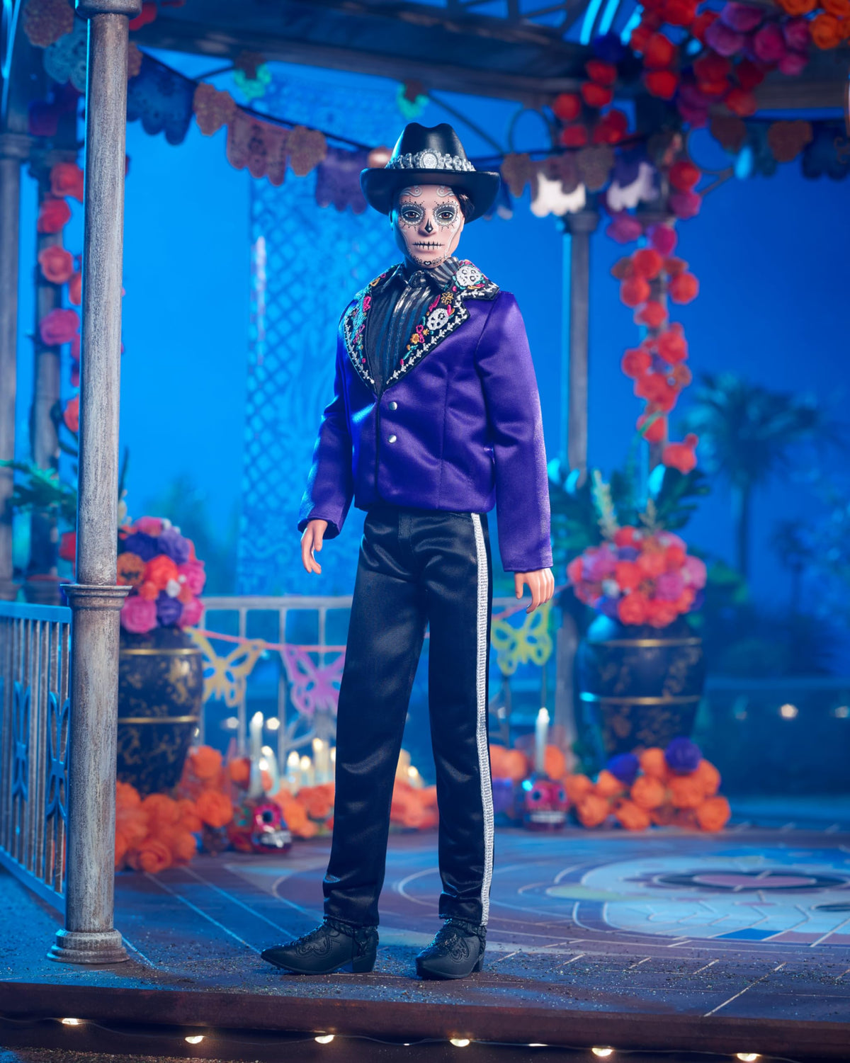 Barbie Signature Ken Fashion Doll, 2023 Dia de Muertos Collectible with Blue Jacket, Black Hat & Doll Stand