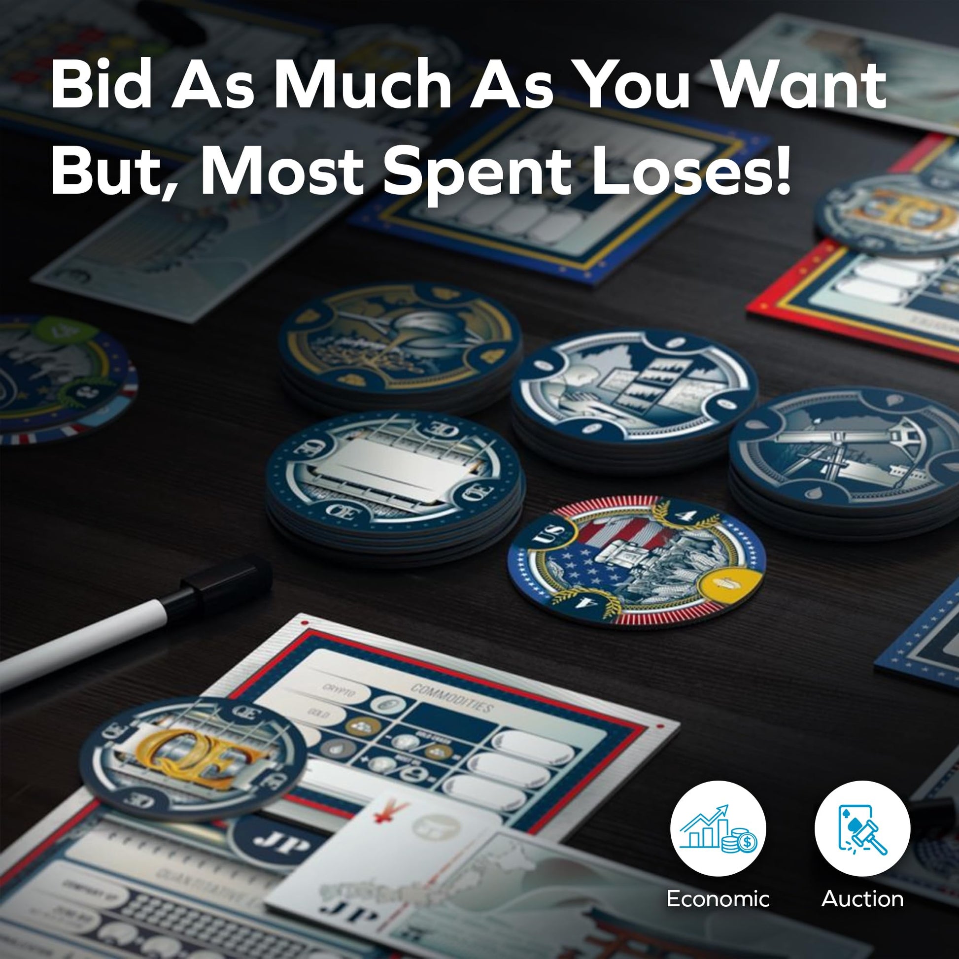 Allplay QE (Quantitative Easing) Board Game | Economic Auction Bidding Game for Families & Adults | 3-5 Players, 30 Min Playtime, Strategy Party Game