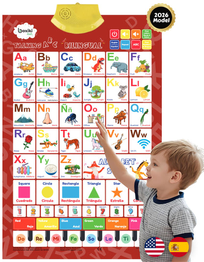 Bilingual English & Spanish Interactive Alphabet Wall Chart (2026 Model) - Talking ABC Letters, Numbers 123 & Music Learning Poster - Educational Toy