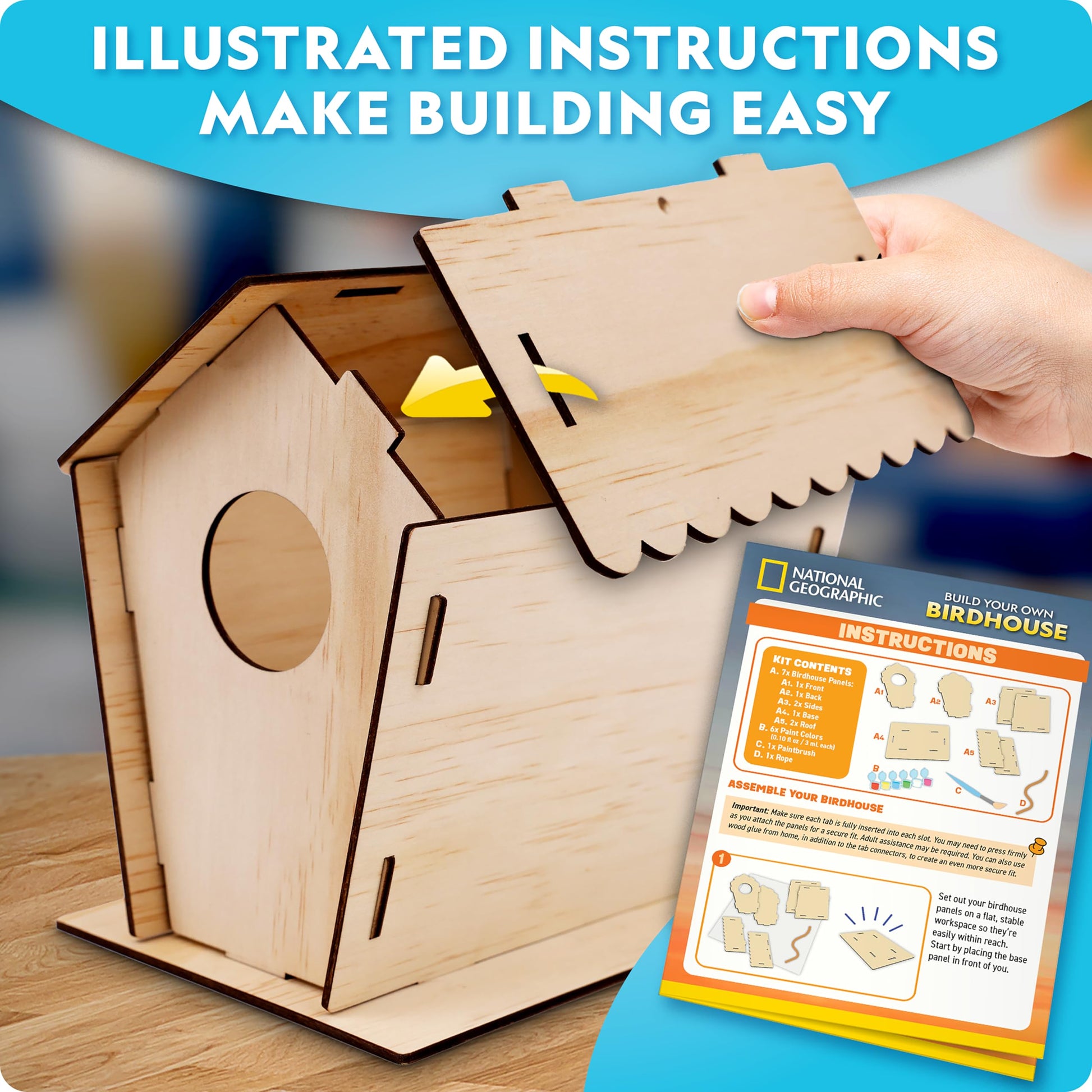 National Geographic Build Your Own Birdhouse Kit - DIY Wooden Birdhouse Craft with Paints, Brush, Bird-Watching Journal & Educational Poster for Kids