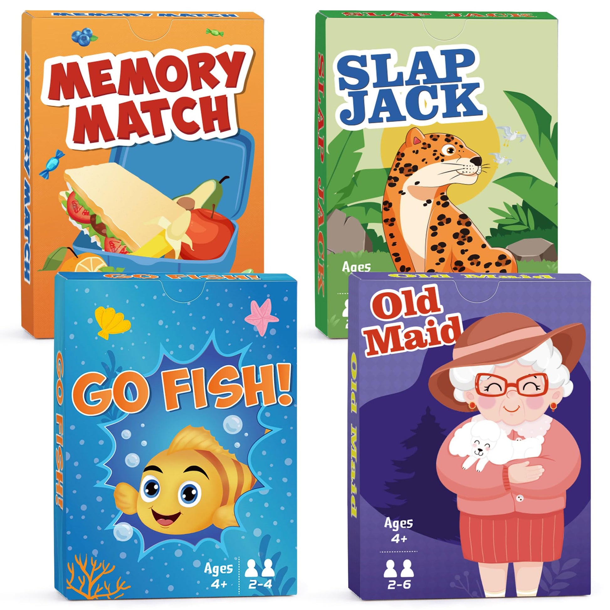 Card Games Go Fish,Old Maid,Slap Jack and Memory Match-4 Decks in 1 Pack,Classic Card Games for Kids Toddlers,Fun Kids Games for Family Party Game