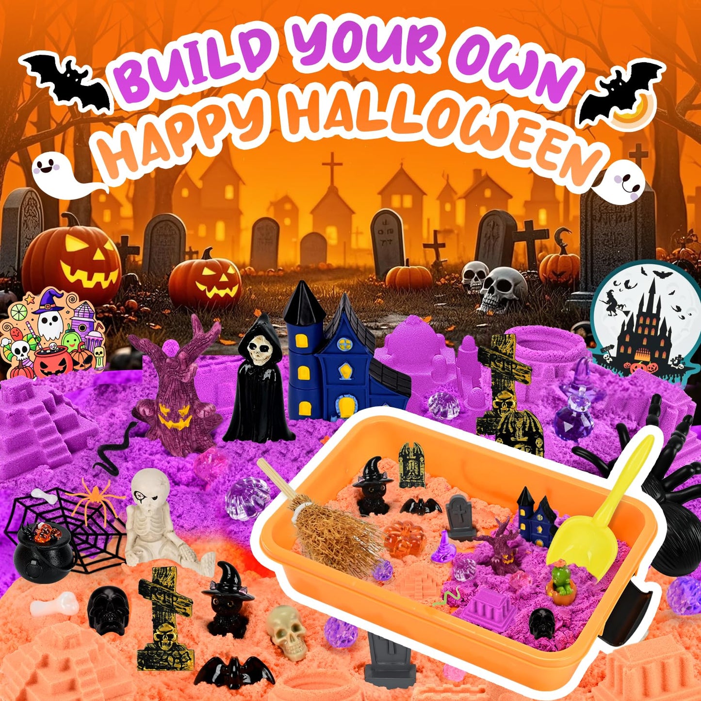 Halloween Sensory Bin Sandbox Set for Kids, Play Sand Art Kit with 2.2 lbs Magical Sand, Sandbox with Sensory Toys, Castle Moulds, for Toddlers, Girls