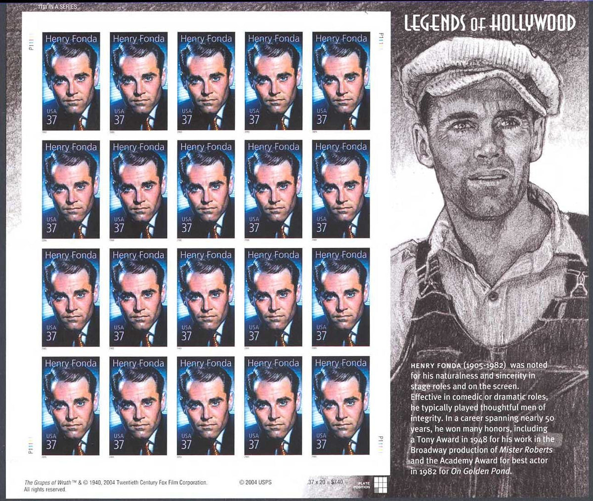 Henry Fonda: Legends of Hollywood, Full Sheet of 20 x 37 Cent Stamps, USA 2005, Scott 3911