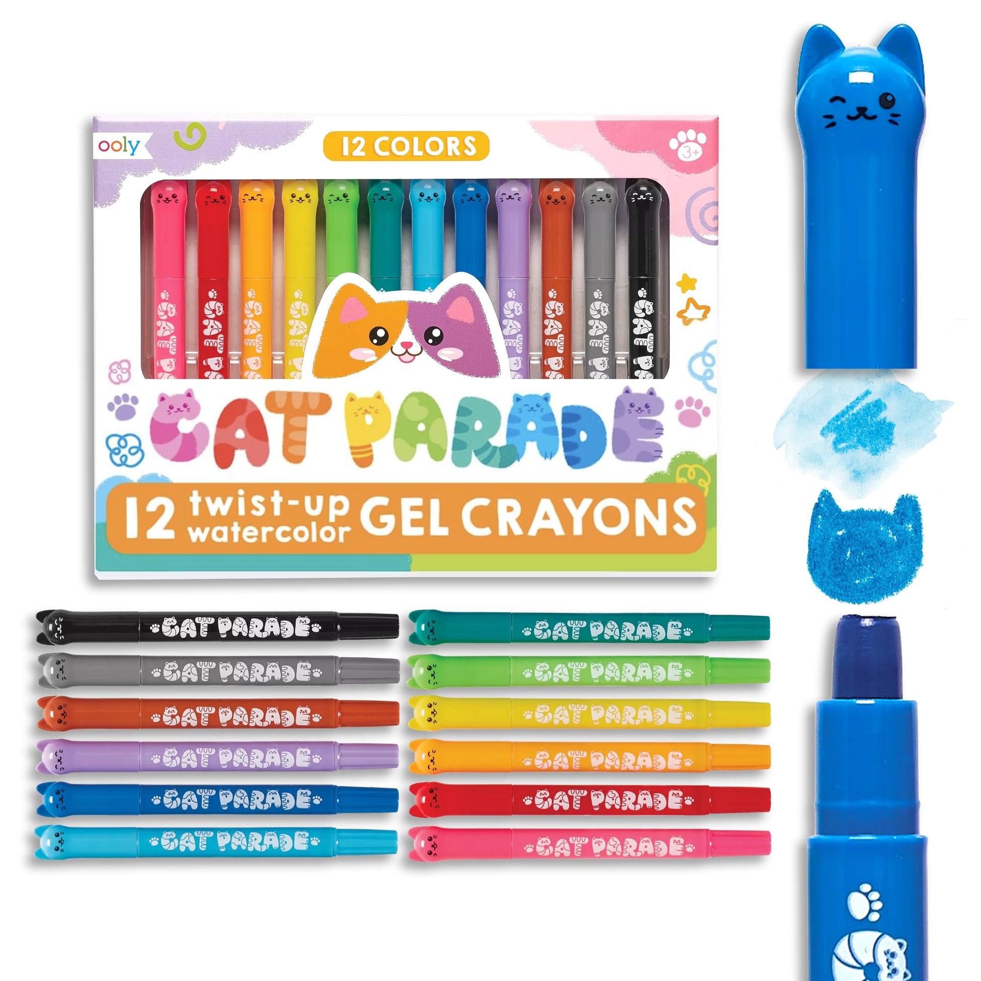 Ooly Cat Parade Gel Crayons for Kids and Adults - Set of 12 Rainbow Color Crayons for Glass and Paper Surfaces with Cat-Shaped, Twist-Up Caps - Smooth