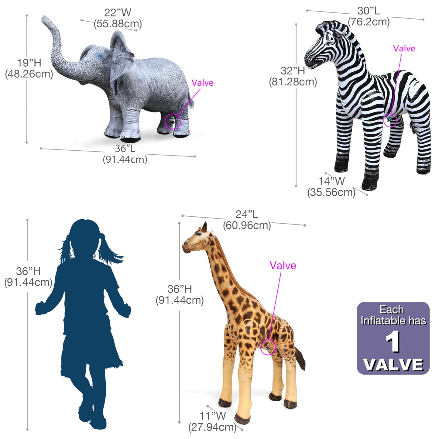 Jet Creations Safari 3 Pack Giraffe Zebra Elephant Great for Pool, Party Decoration, an-GZE, Multi