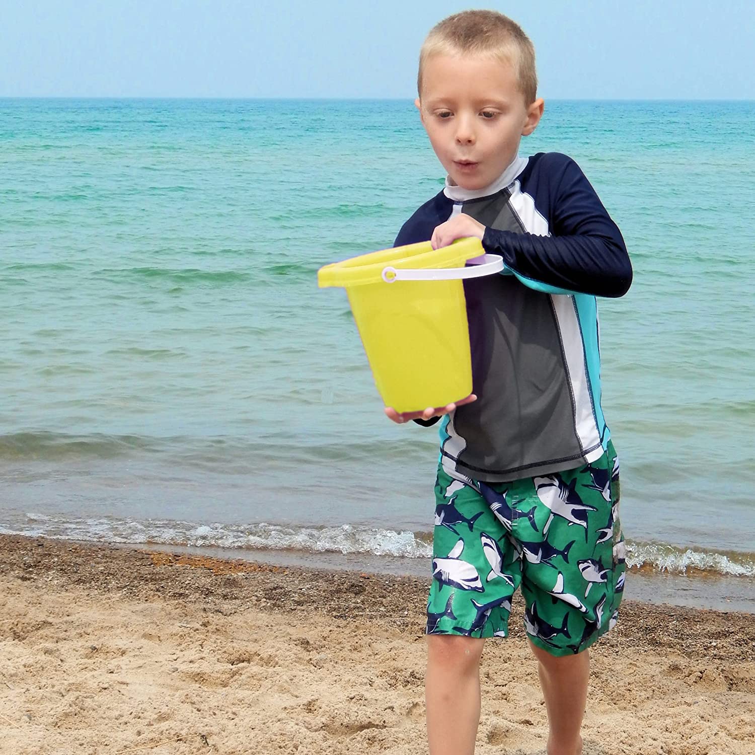 4E's Novelty 6 Pack 7.5" Beach Buckets and Shovels for Kids Bulk - Strong Large Sand Bucket for Toddler Beach Toys for Kids 3-10, Sandbox Toys