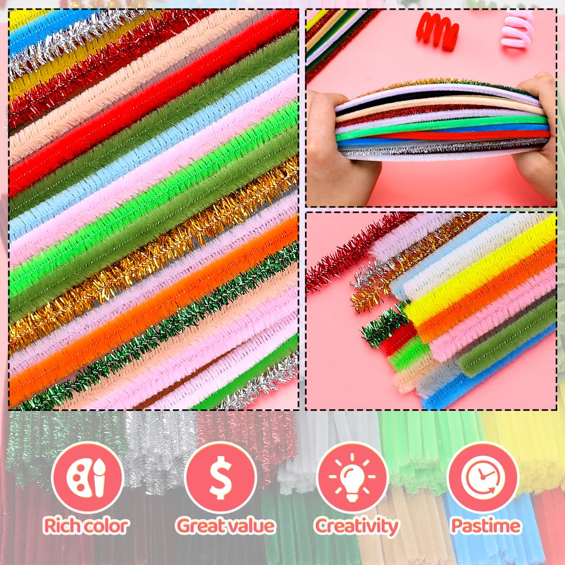 Bundooraking Pink Pipe Cleaners for Crafts - 12in Chenille Stems, Art and Craft Supplies for DIY Projects, Decorations, and Creative Crafting