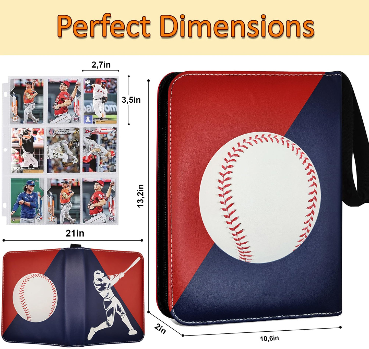Baseball Card Binder 900 Pockets with 50 Protective Sleeves, Large Baseball Binder 9 Pocket, Premium Trading Cards Holder 3 Ring Zipper, Sport