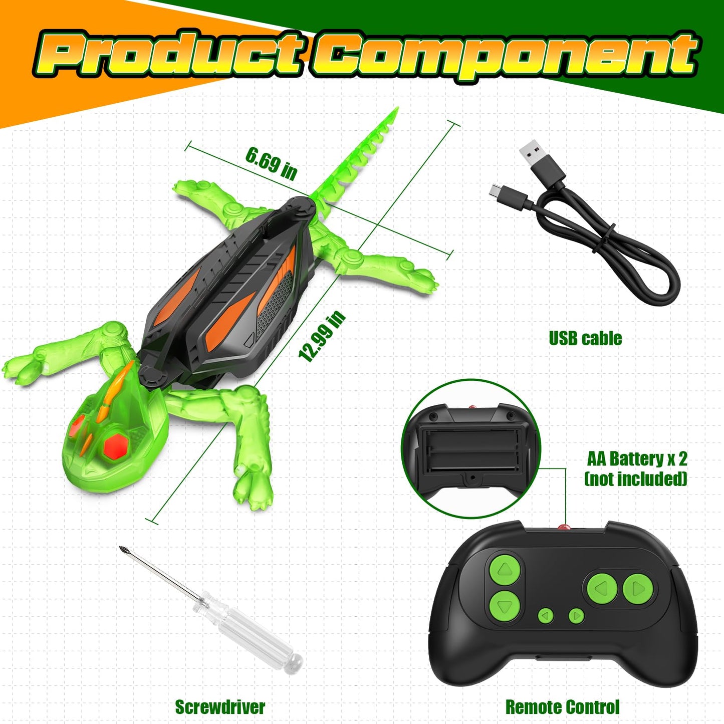 RC Wall Climbing Gecko with Glow-in-The-Dark, Remote Control Gecko Toy for Kids, Floor & Wall Crawling, Glowing Eyes, 360° Rotating, Upgrade Low