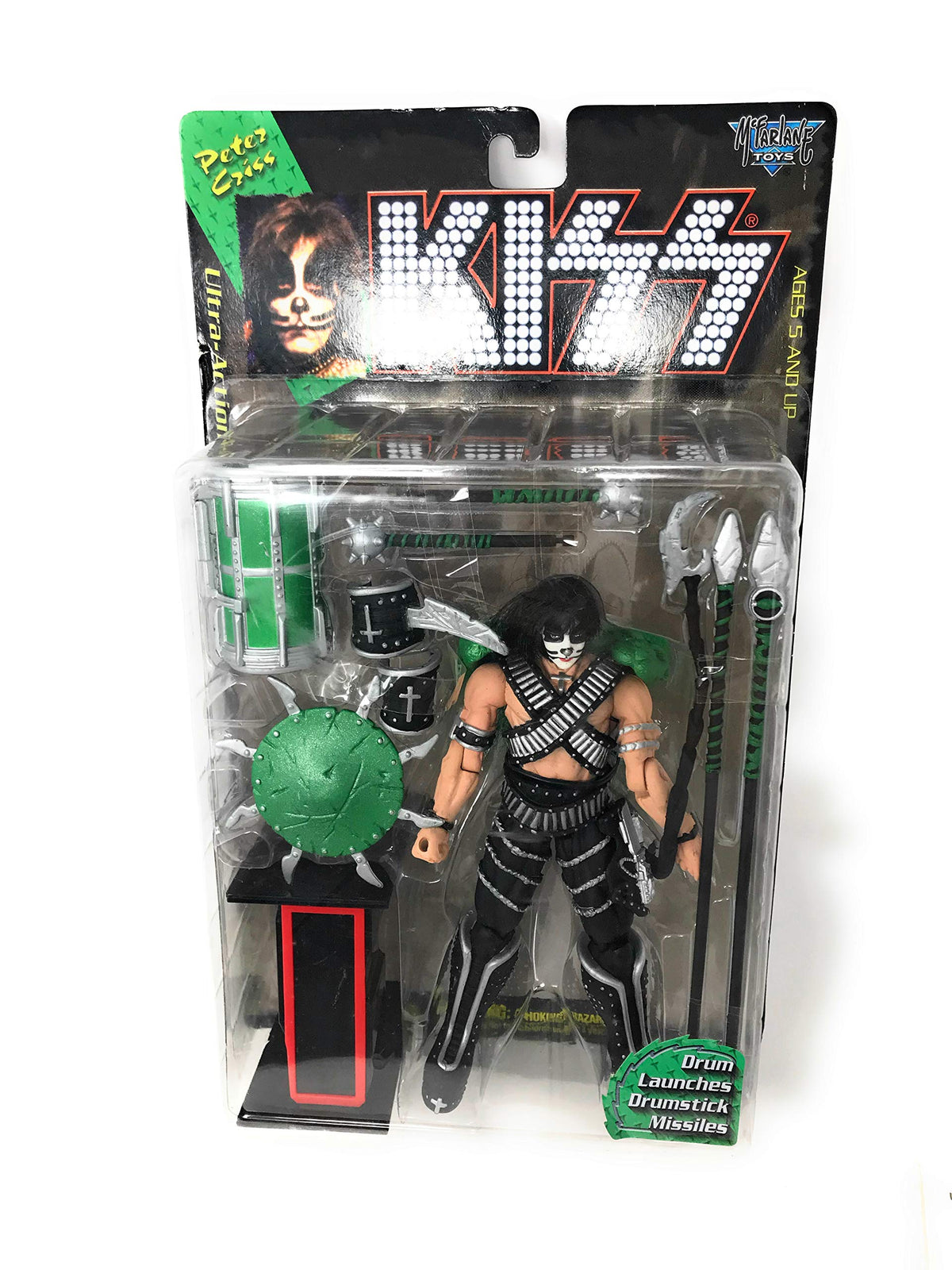 1997 - McFarlane - KISS - Peter Criss - Ultra Action Figure - Drum Launches Drumstick Missiles & Letter I - Rare - Out of Prodcution - Limited Edition