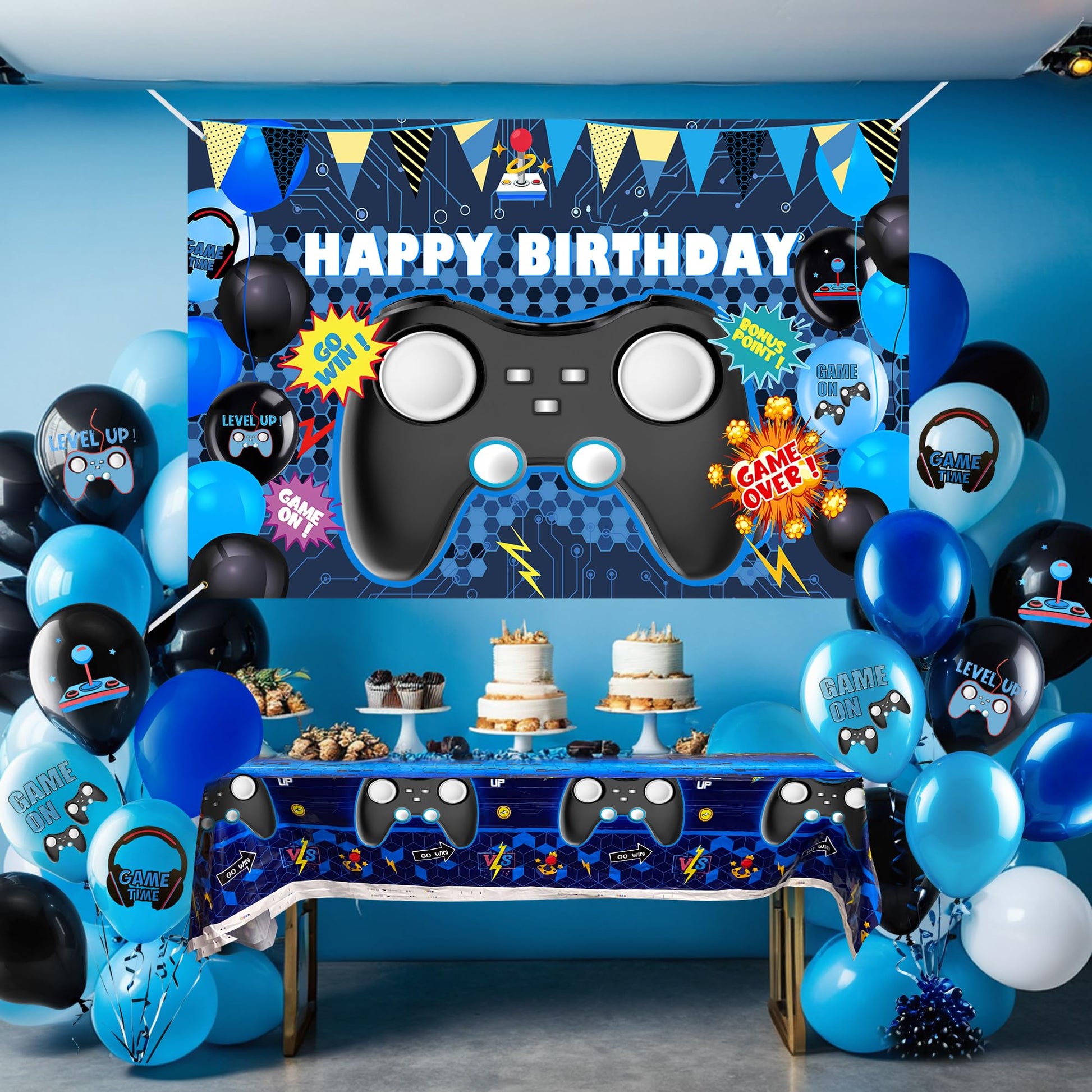 15 PCS Complete Video Game Party Decoration Set 1 Backdrop 1 Tablecloth 13 Latex Balloons and More Perfect for Gamer Party Supplies Boys and Girls