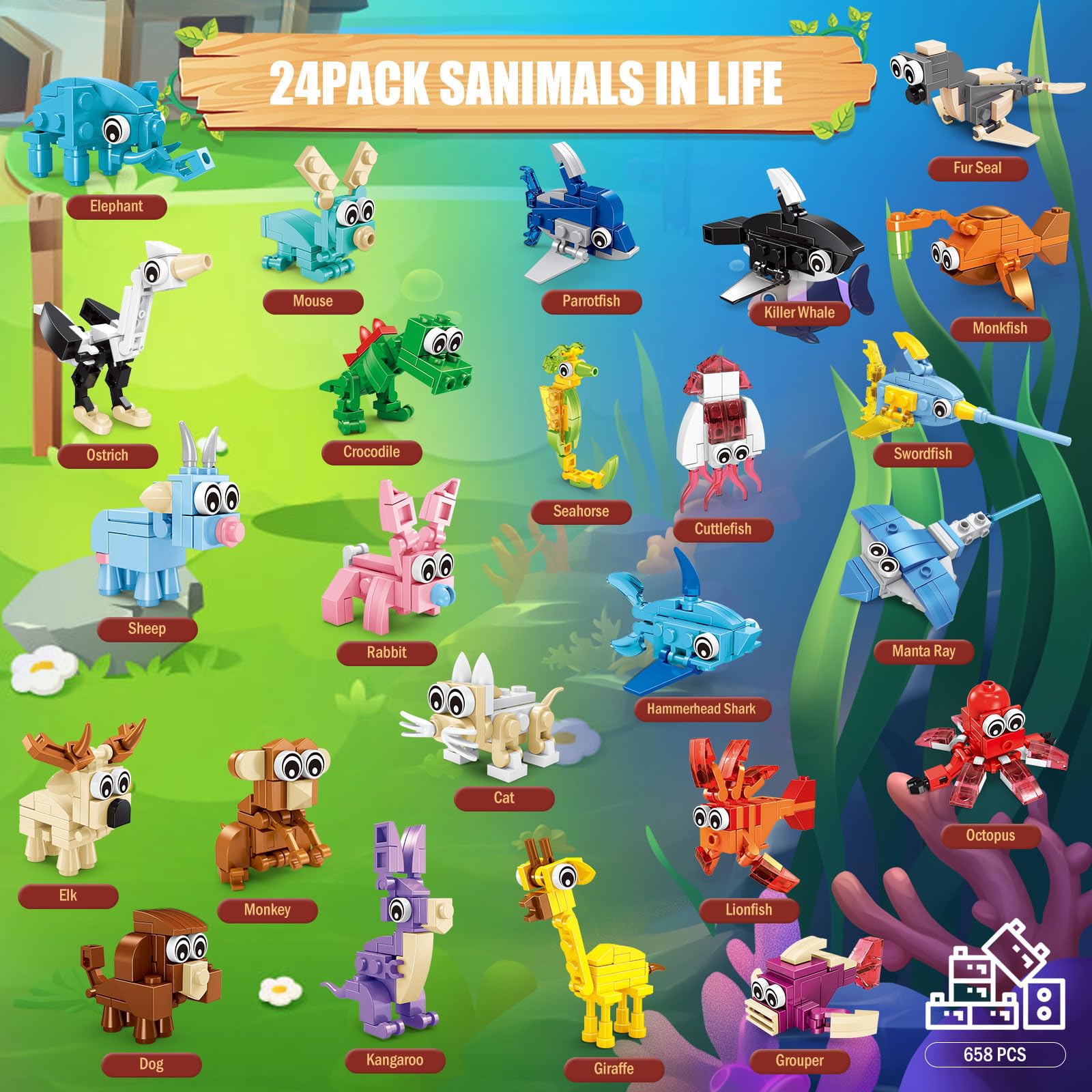 24 Packs Animals Building Sets for Kids,3 in 1, 72 Kinds of Transformable Building Block Toy,Compatible with Lego Party Favors,Classroom Student