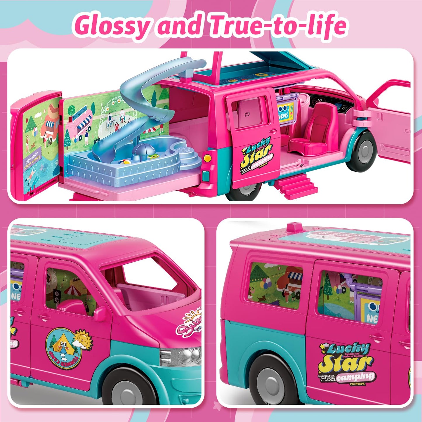 Dollhouse Camping RV Playset for Girls - Kids Camper Van Toy with Slide, Pool, Tent, BBQ Grill & Doll Accessories - Pretend Play Outdoor Adventure Toy