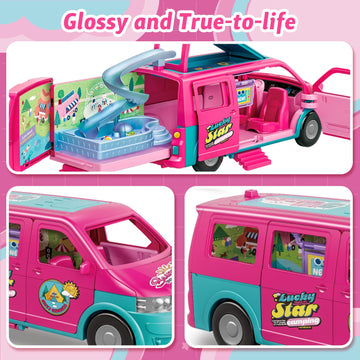 Dollhouse Camping RV Playset for Girls - Kids Camper Van Toy with Slide, Pool, Tent, BBQ Grill & Doll Accessories - Pretend Play Outdoor Adventure Toy