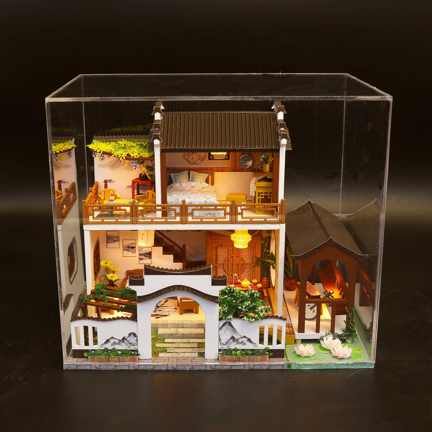 Cool Beans Boutique Miniature DIY Dollhouse Kit - Wooden Asian Dollhouse Traditional Home - with Dust Cover - Architecture Model kit (English Manual)
