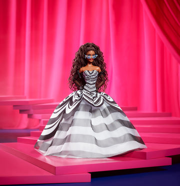 Barbie Signature Doll, 65th Anniversary Collectible with Brown Braided Hair, Black & White Gown, Sapphire Gem Earrings & Sunglasses