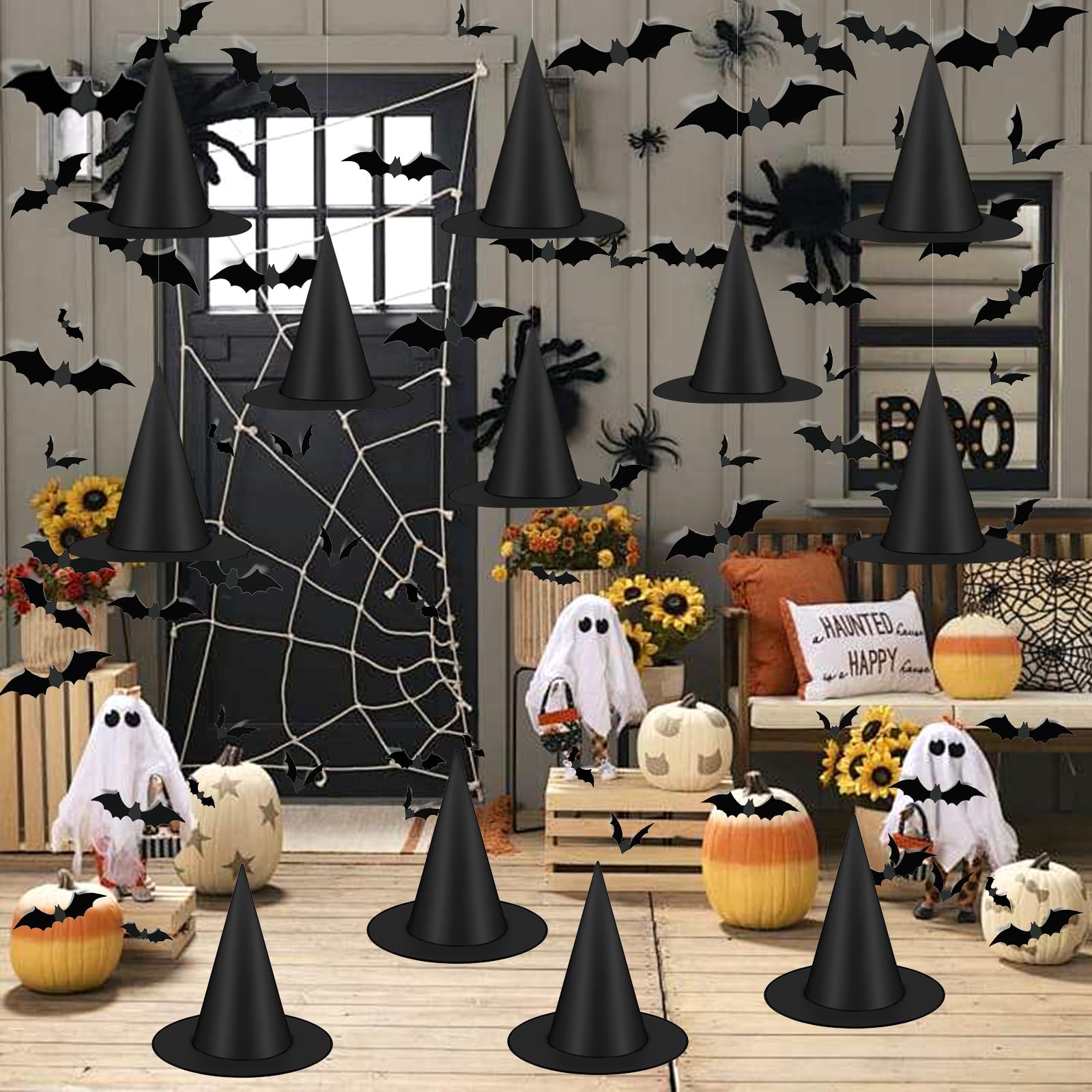 Famoby 12pcs Halloween Black Witch Hat with 157 FT Nylon Cord &120pcs Bat Sticker for Indoor Outdoor Home Yard Porch Ceiling Halloween Party