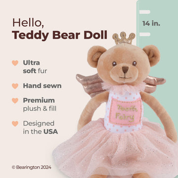 Bearington Collection Tooth Fairy Tooth Holder Plush Pillow for Girls - Hanging Doll for Bed, Door, Nightstand - Bear Sparkles 14"
