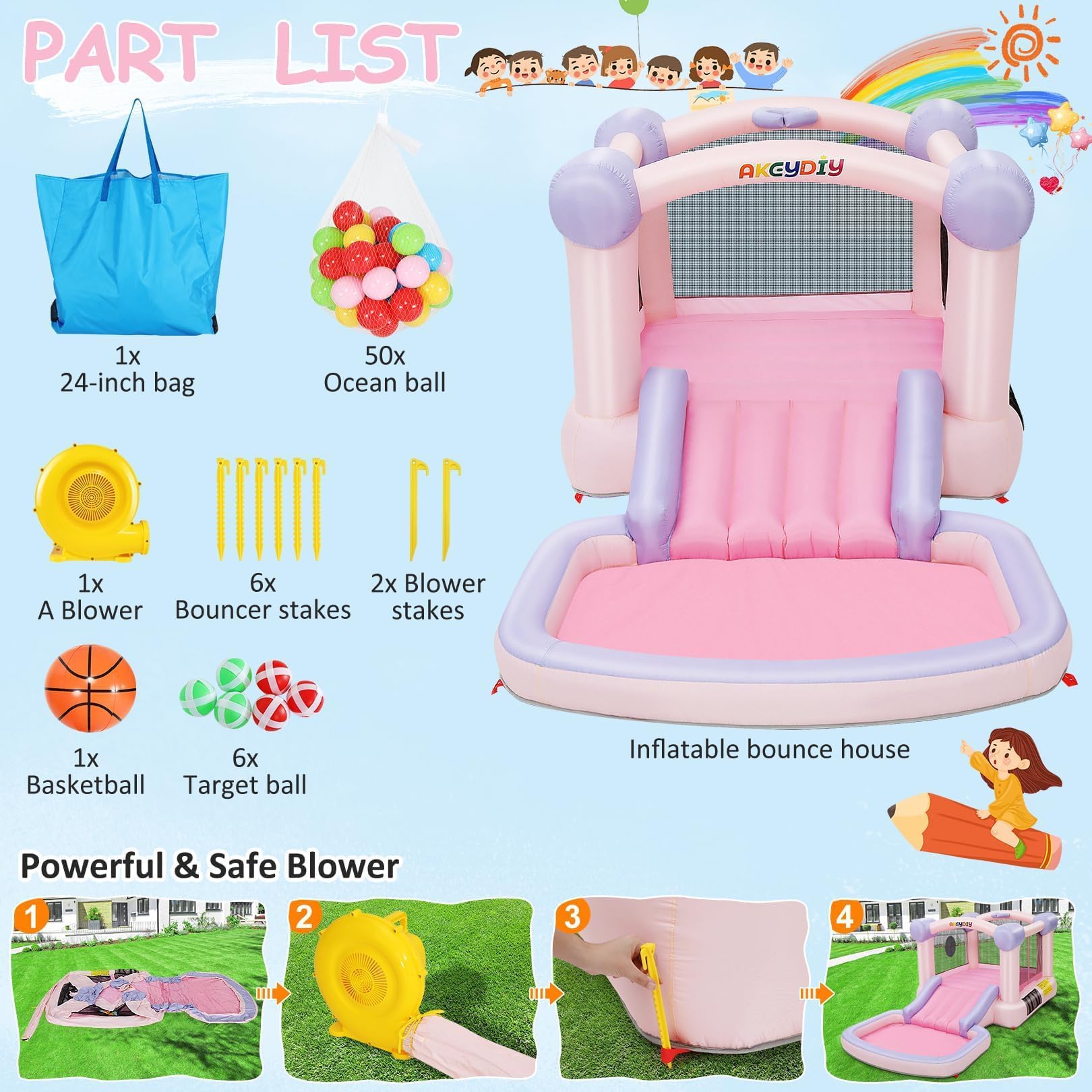 AKEYDIY Pastel Dream Bounce House for Kids 3-10, 161x82x63 inch Water Bounce House w/Slide,Ball Pit/Pool, Pink Bounce House UL Blower &50 Plastic