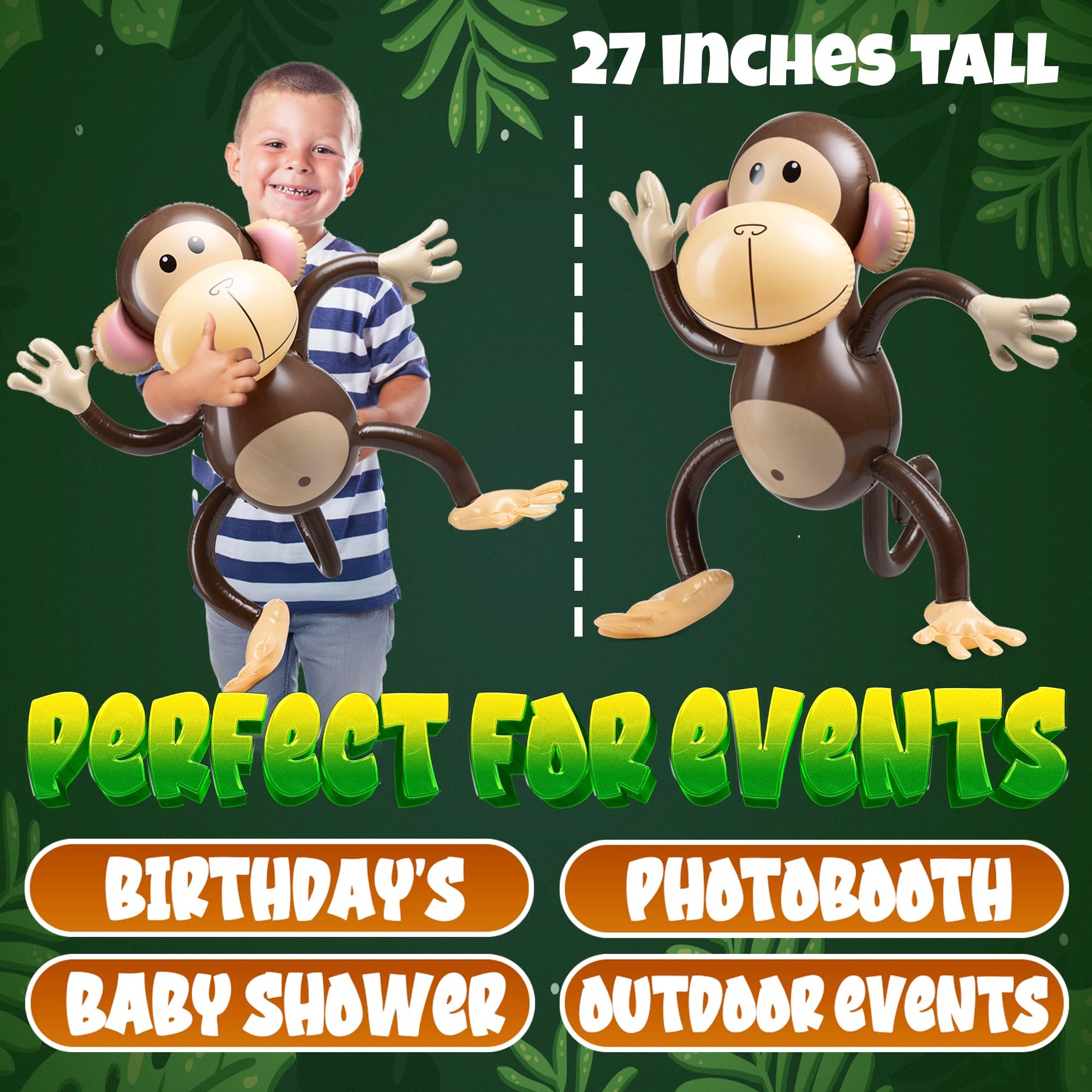 Large Inflatable Monkey (Pack of 3) 27-Inch Monkeys for Baby Shower, Safari, Jungle Themed Birthdays, Blow Up Animal Party Favors and Decorations