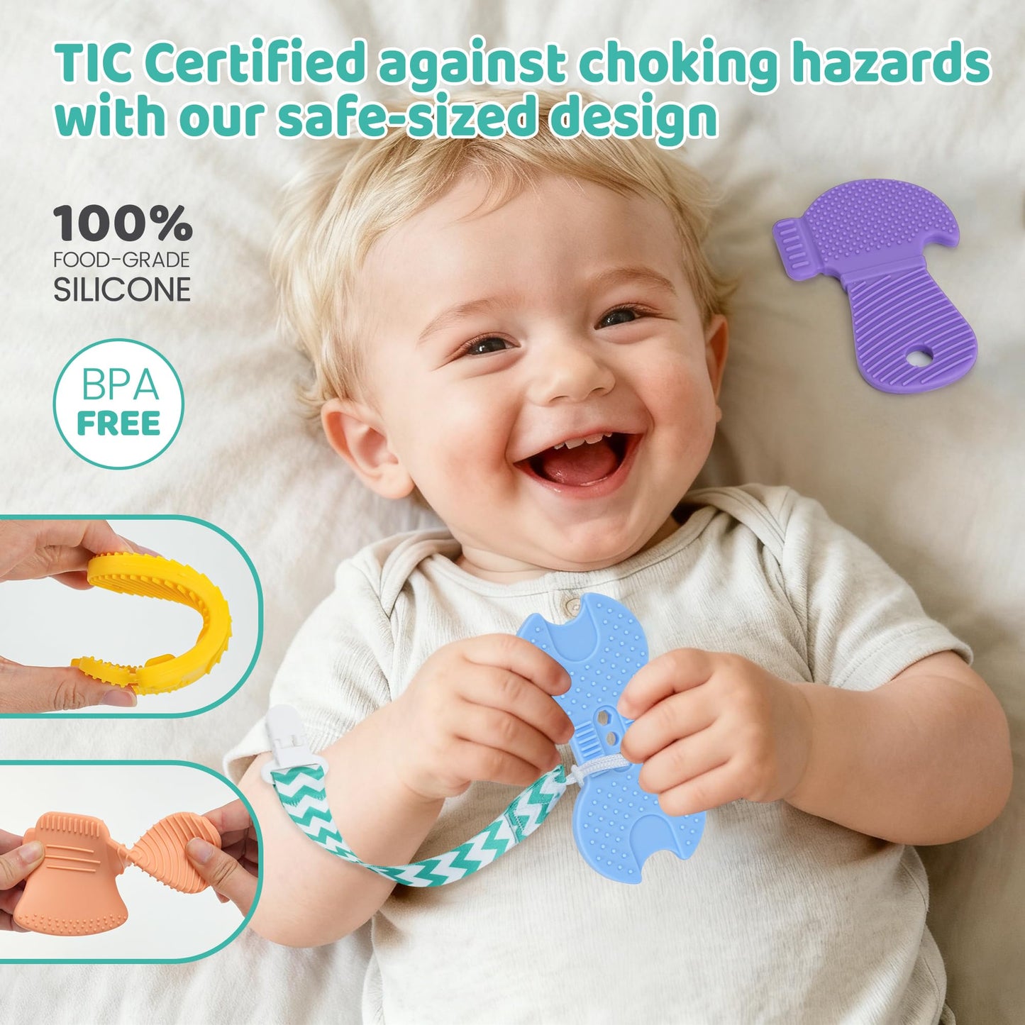 Baby Teething Toys, 4 Pack Silicone Baby Teether Toys with Pacifier Clips, Tool Shape for Babies 0-6 6-12 Months, Multi-Texture Gum Massage Teething
