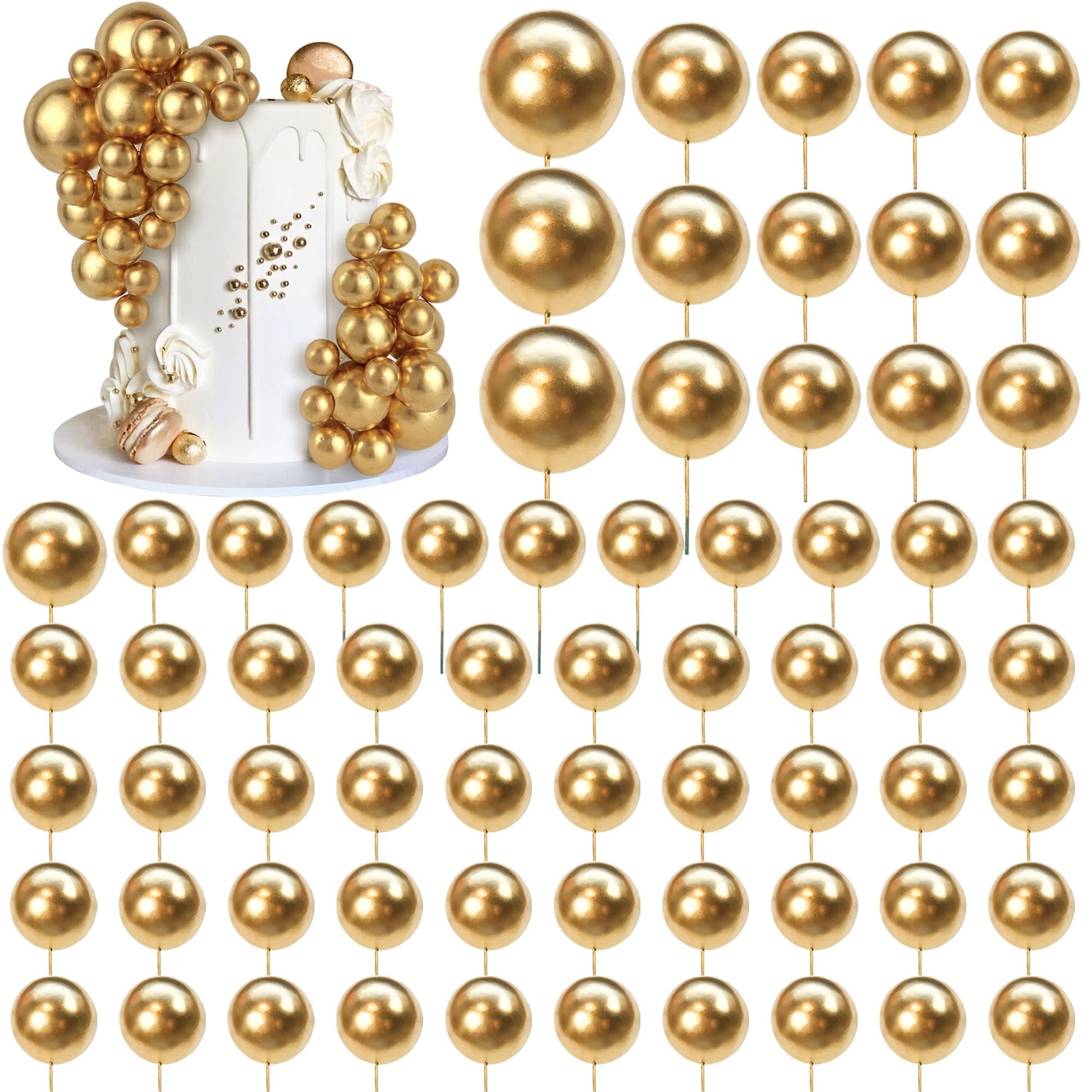 66 PCS Ball Cake Picks Gold 4 Sizes for DIY Baking Decoration Cupcake Toppers and Wedding Anniversary Birthday