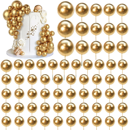66 PCS Ball Cake Picks Gold 4 Sizes for DIY Baking Decoration Cupcake Toppers and Wedding Anniversary Birthday