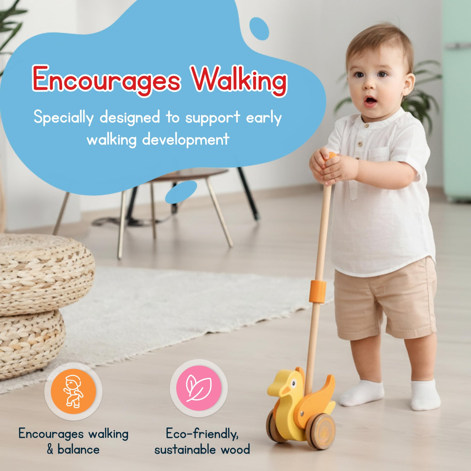 Wooden Duck Push Toy by Jack Rabbit Creations- Classic Toddler Push Toy for Early Walking, Balance and Motor Skills Development- Collapsible