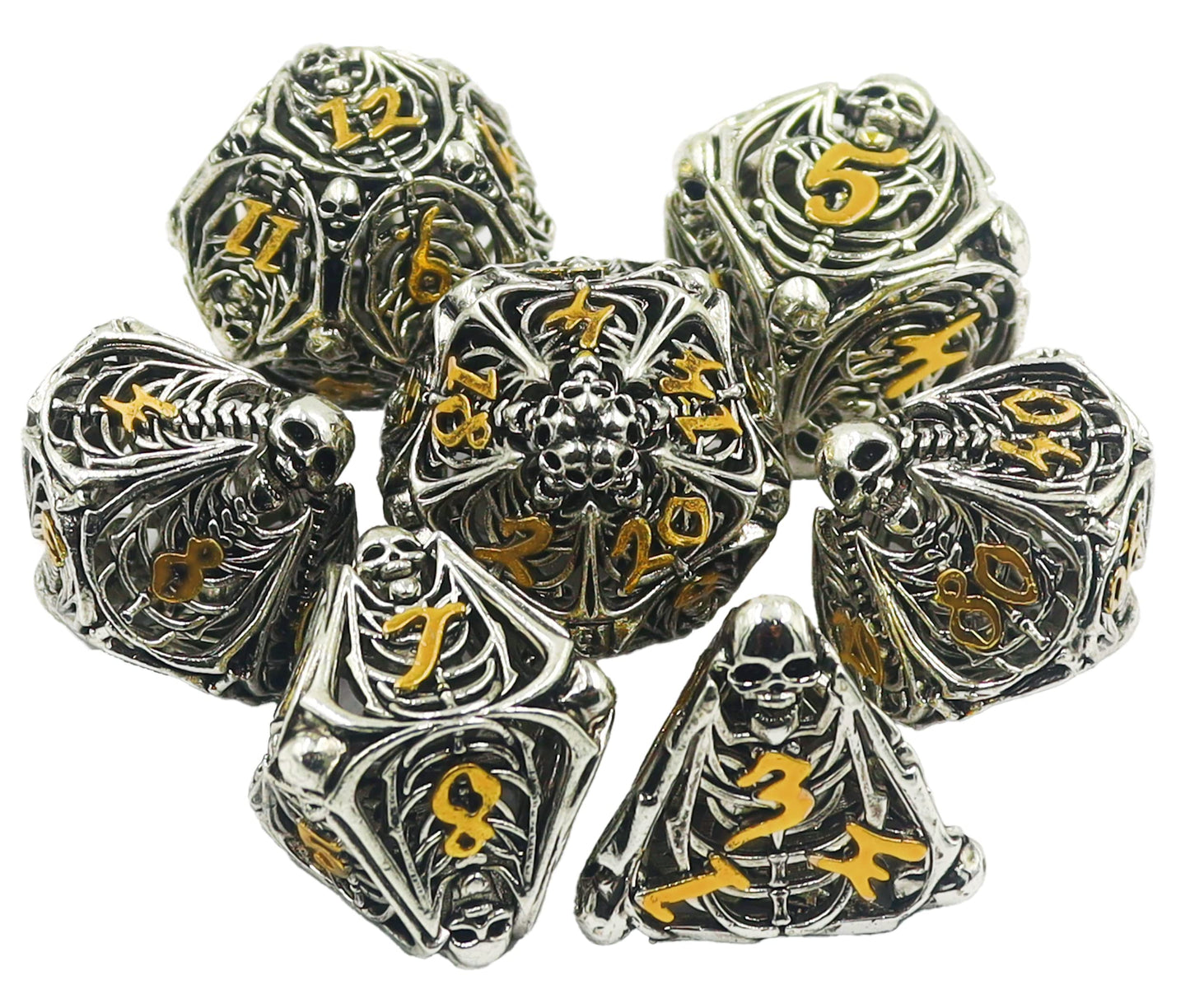 Metal DND Dice Set Skull Dungeons and Dragon Dice Set Hollow Polyhedral Magic 7 PCS Dice Set with Gift Metal Box for Dungeons and Dragons Table Games
