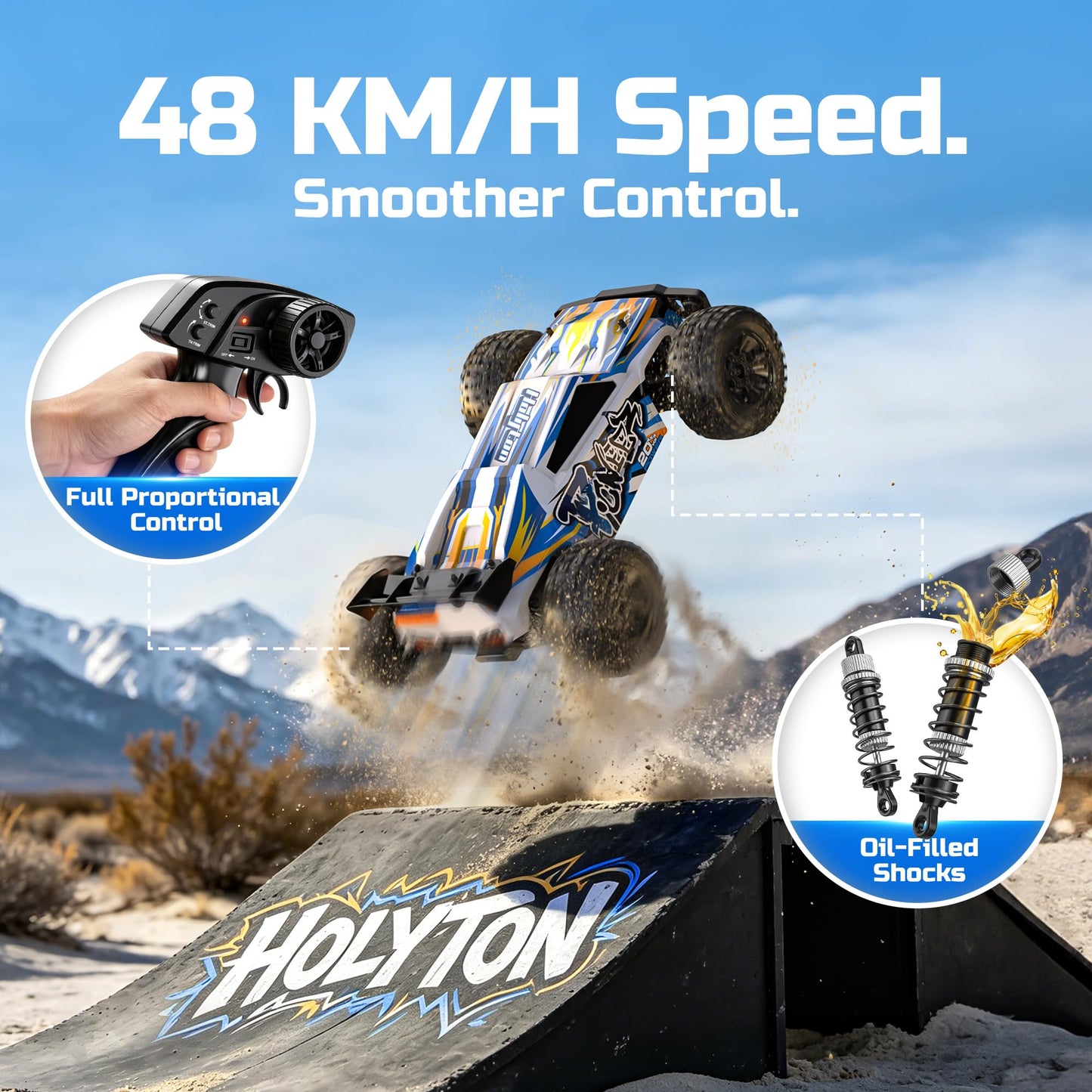 Holyton 1:10 Large High Speed Remote Control Car with LED Shell Lights, 48+ KM/H, 4WD Offroad Monster Truck for Adults & Kids, Hobby RC Truck Vehicle