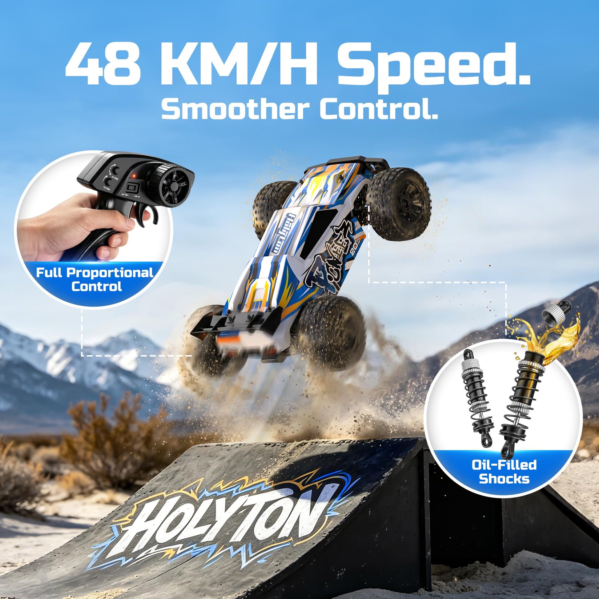 Holyton 1:10 Large High Speed Remote Control Car with LED Shell Lights, 48+ KM/H, 4WD Offroad Monster Truck for Adults & Kids, Hobby RC Truck Vehicle