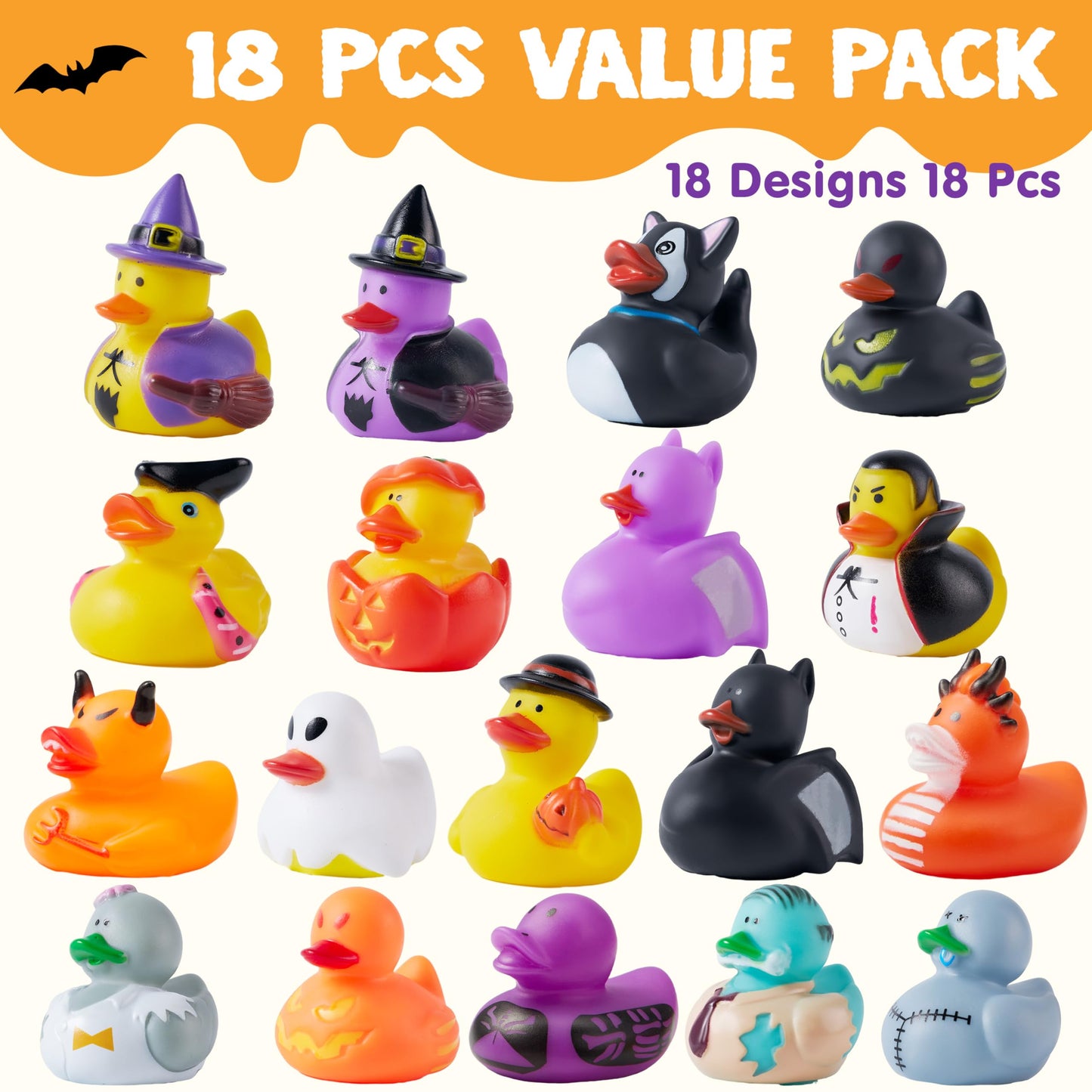 JOYIN 18 PCS Halloween Rubber Ducks, Halloween Ducks for Halloween Goodie Bag Fillers, Rubber Duckies Baby Bath Toys for Halloween Party Favors