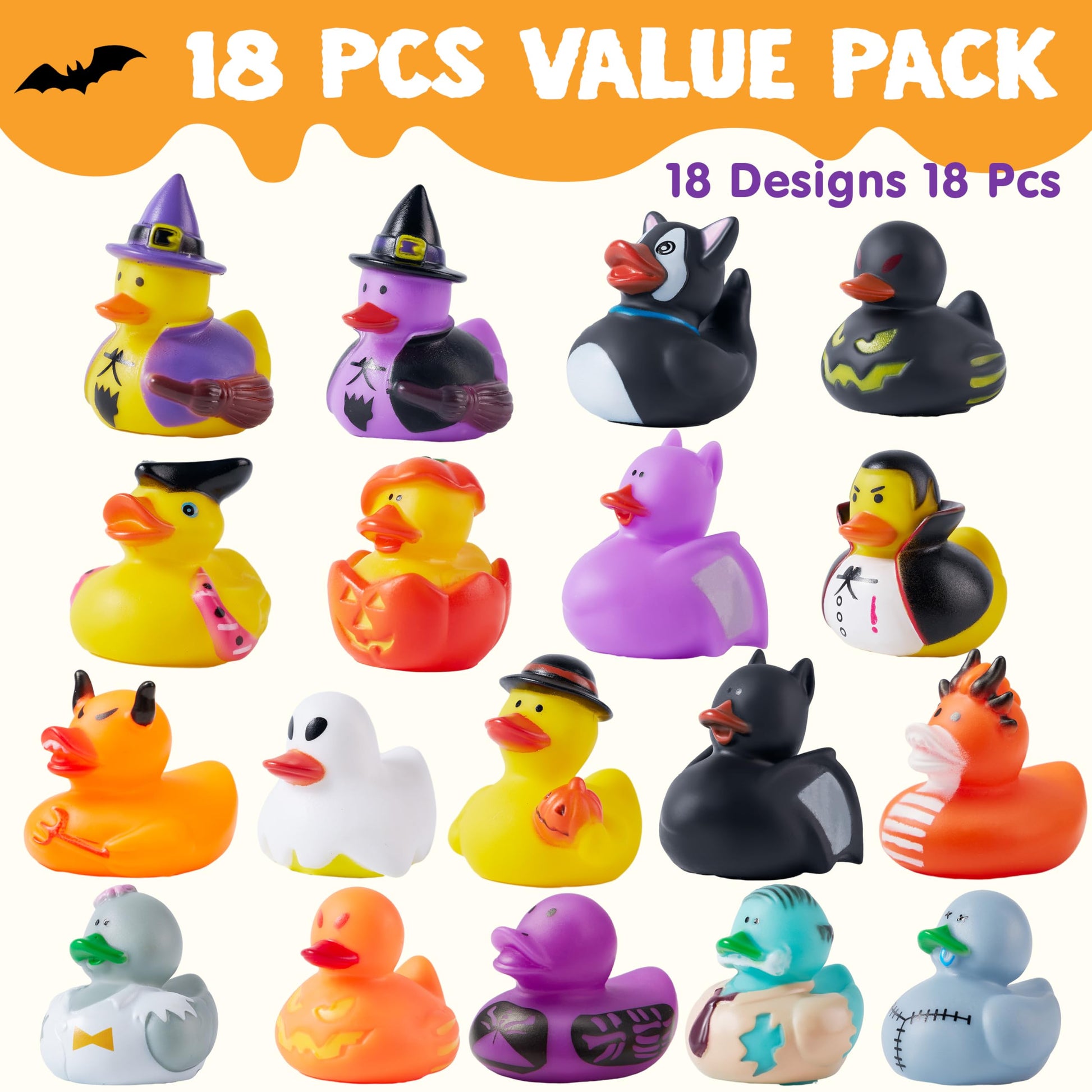 JOYIN 18 PCS Halloween Rubber Ducks, Halloween Ducks for Halloween Goodie Bag Fillers, Rubber Duckies Baby Bath Toys for Halloween Party Favors