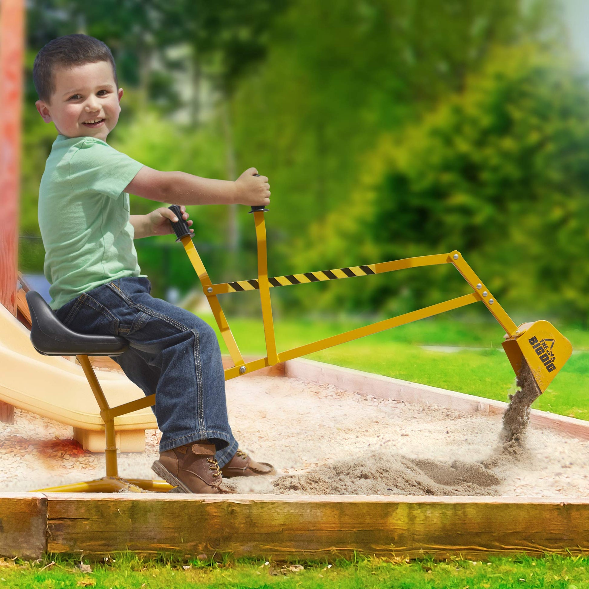 The Big Dig Sandbox Digger Excavator Ride On Crane, Safety Vest & Helmet Bundle Outdoor Pretend Play Construction Toy with 360 Degree Rotating Boom