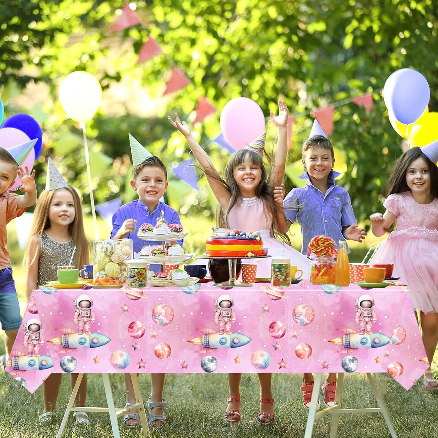 2 Pcs Outer Space Girls Birthday Party Tablecloth 54'' x 108'' Space Table Covers for Astronauts Theme Girls Baby Shower 1st 2nd 3rd 4th 5th Birthday