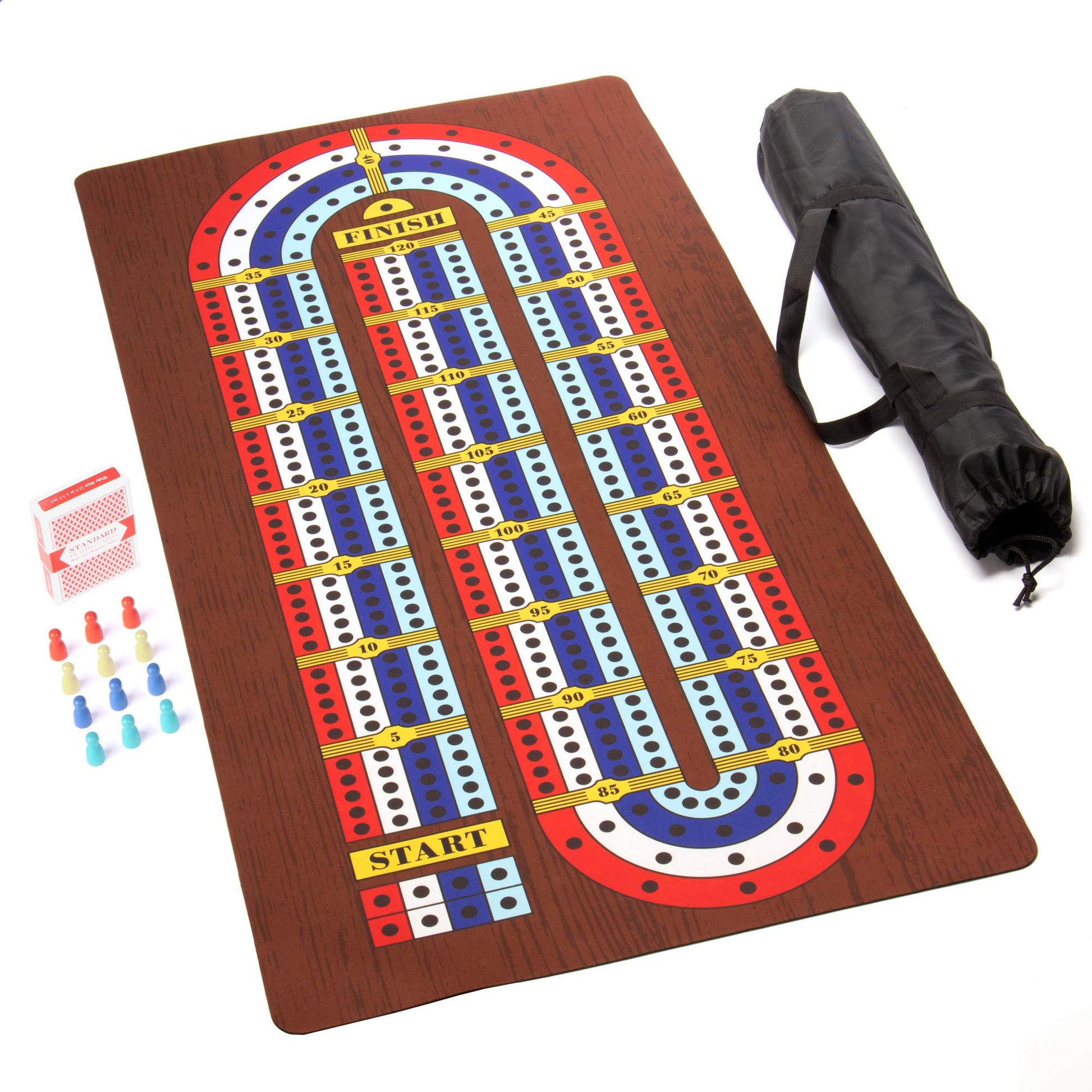 Tabletop Cribbage - Giant Spill-Resistant Neoprene Track Game Board (22" x 40") with 9 Pawns, Deck of Cards, & Travel Carry Bag - Classic Family Board