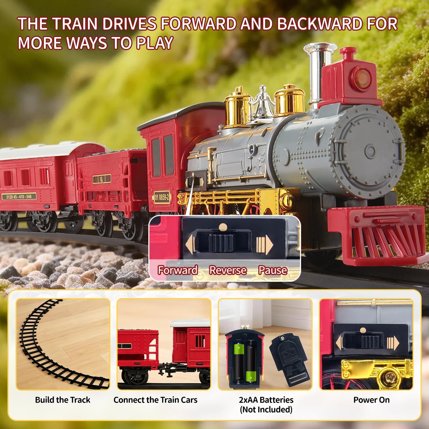Goldlok Electric Train Set with Light & Sounds, 19 PCS Train Toys for Toddlers 3-5 & Kids 4-8, Locomotive, Passenger Car, 12 Tracks, Indoor Toy