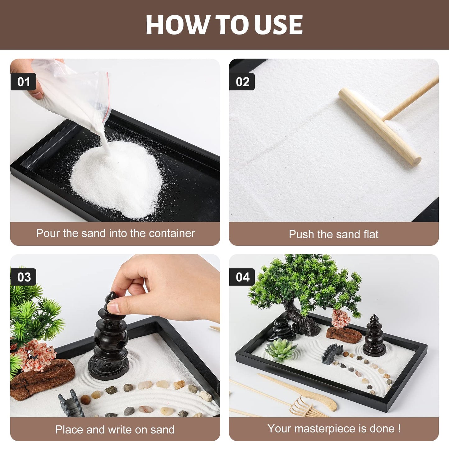 Zen Garden Kit for Desk Decor - Premium Beautiful Japanese Mini Sand Box Set Home, Office with Black Wooden Tray, White Sand, Rake Tools Desktop