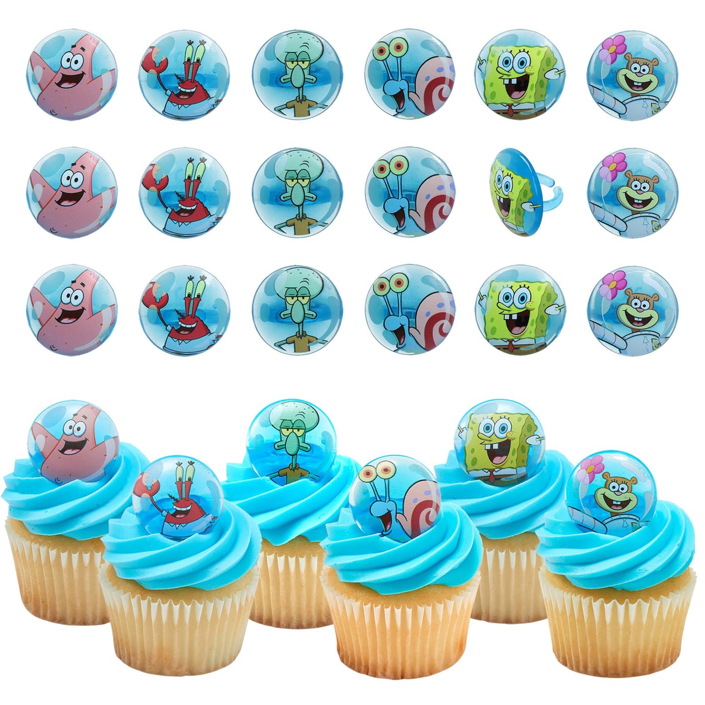DecoPac SpongeBob SquarePants Rings, SpongeBob Cupcake Toppers Featuring SpongeBob, Patrick, Gary, Mr. Krabs, Sandy Cheeks, And Squidward - 24 Pack