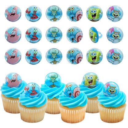 DecoPac SpongeBob SquarePants Rings, SpongeBob Cupcake Toppers Featuring SpongeBob, Patrick, Gary, Mr. Krabs, Sandy Cheeks, And Squidward - 24 Pack